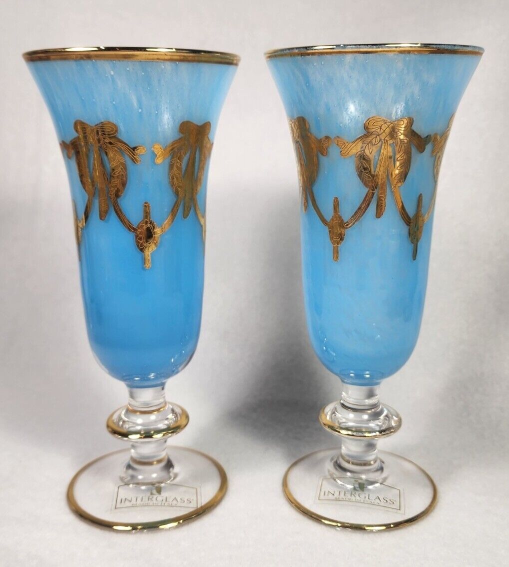 2 Vintage Interglass Teal Blue Handmade Champagne Flutes 24K Gold Italy