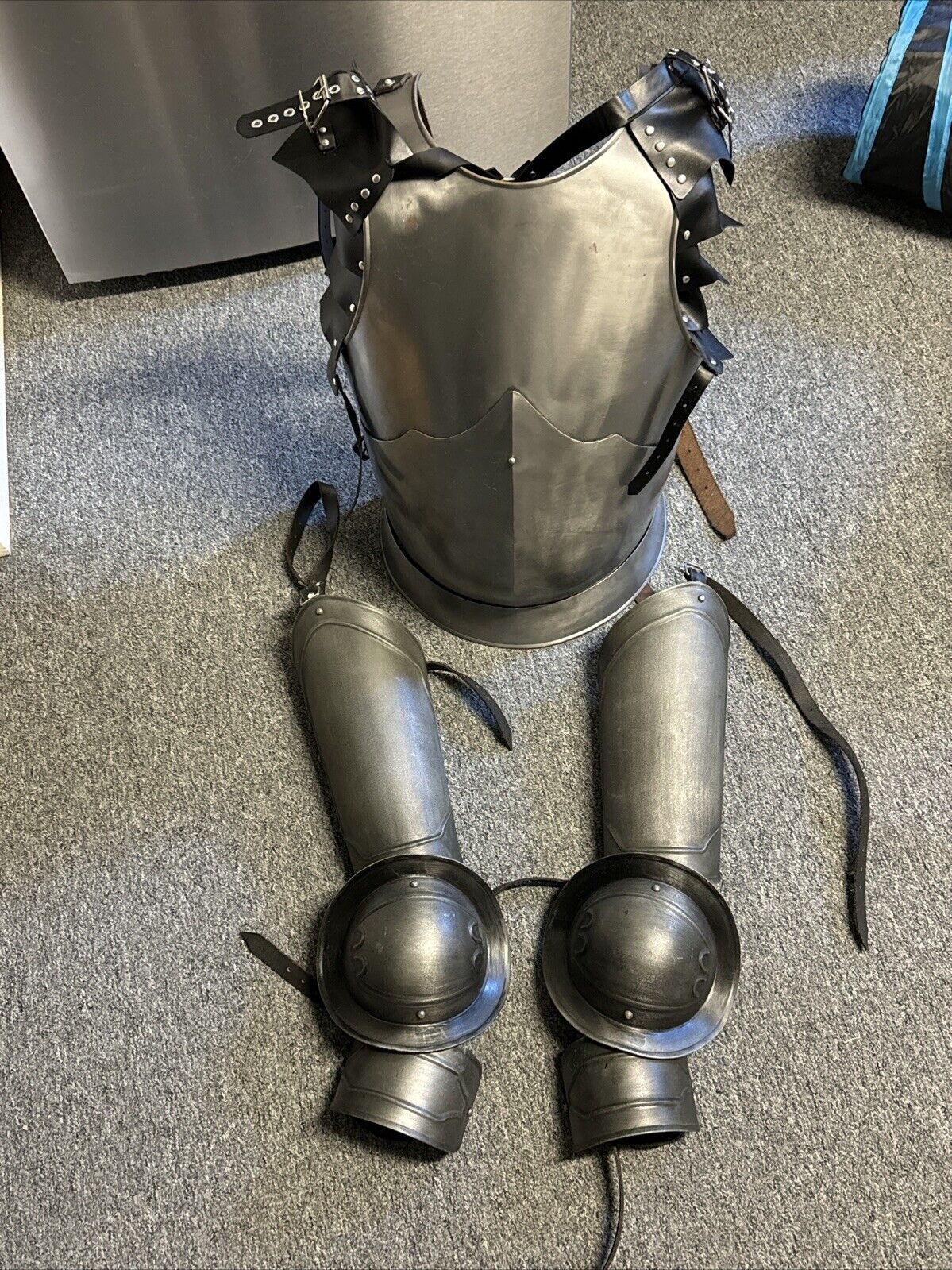 Silver and Steel Armor Set: Chest plate, Leg Armor, And Leather Shoulder Armor