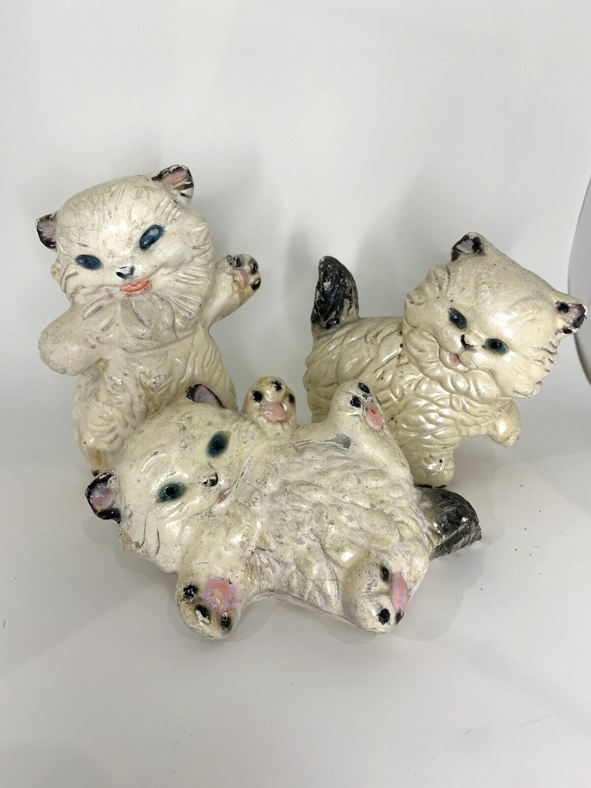 3 Vintage Chalkware Kittens Kitties Cat Statues