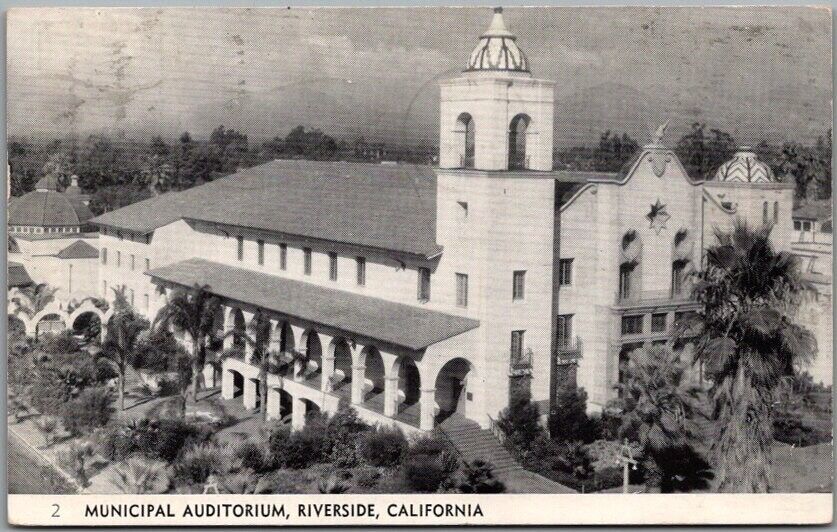 RIVERSIDE, California Postcard MUNICIPAL AUDITORIUM Bird\'s-Eye View 1949 Cancel