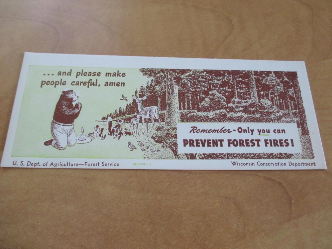 1948 ADVERTISING CARD PREVENT FOREST FIRE Wisconsin Conservative Dept    F978