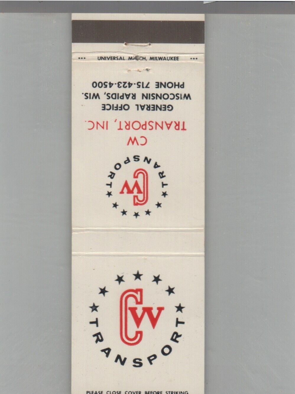 Matchbook Cover Trucking CW Transport, Inc. Wisconsin Rapids, WI