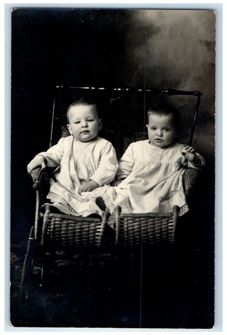 1913 Cute Babies Children Stroller Pram Kansas KS RPPC Photo Posted Postcard