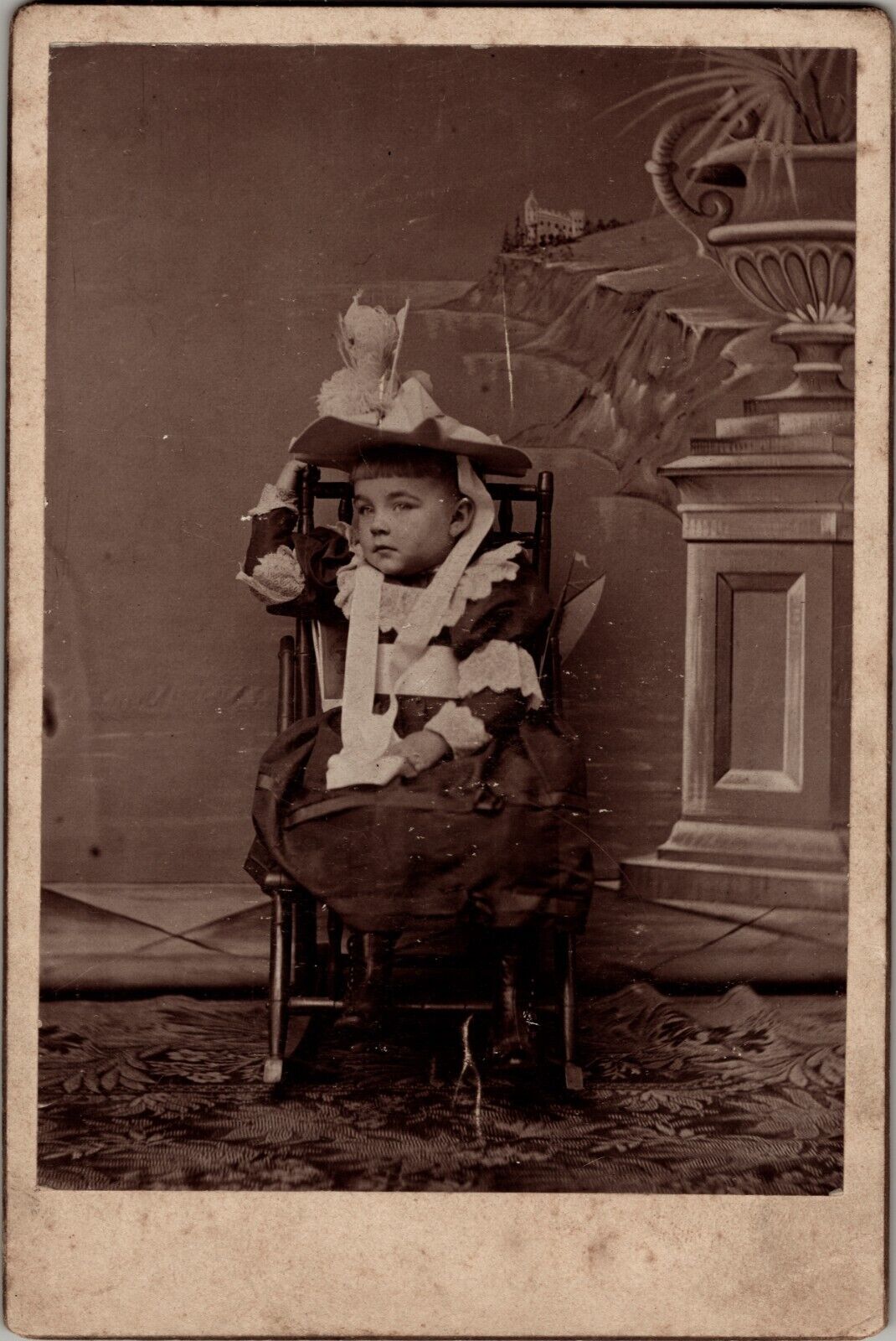 Interesting Image of Child in Chair with huge Hat Cabinet Card Photo, 1800s