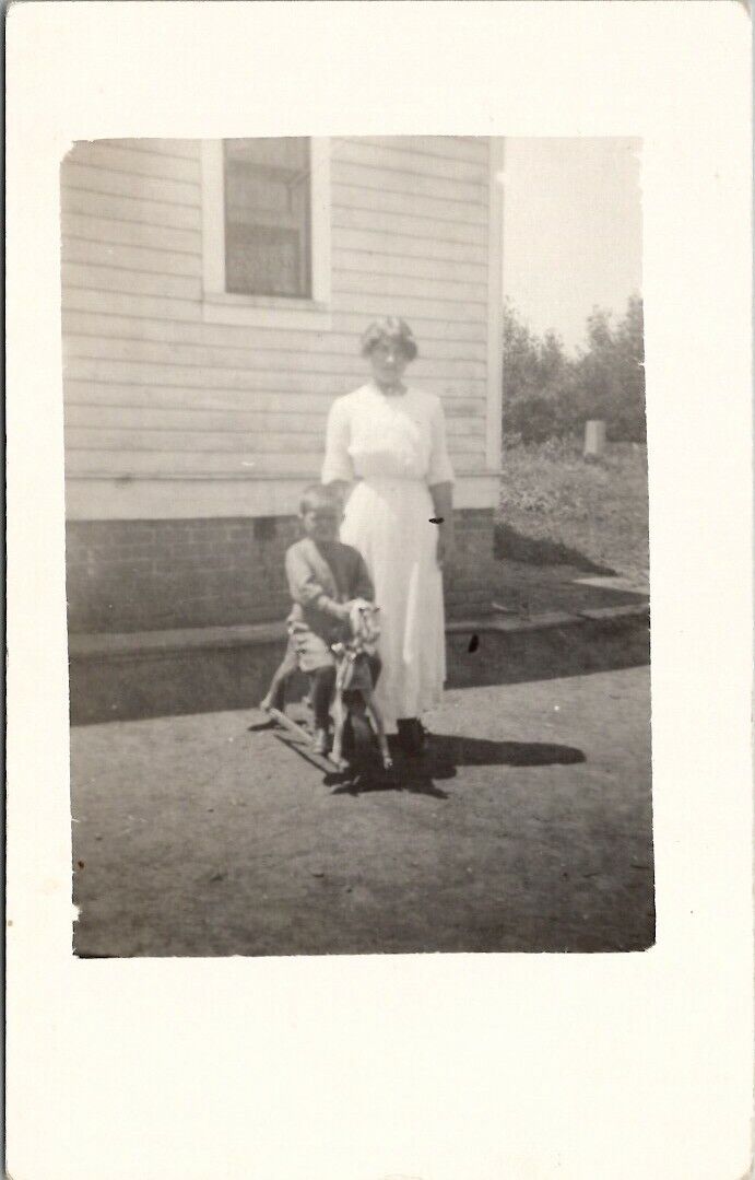 Rppc Mom with Son on Antique Wooden Rocking Horse c1915 Postcard U2