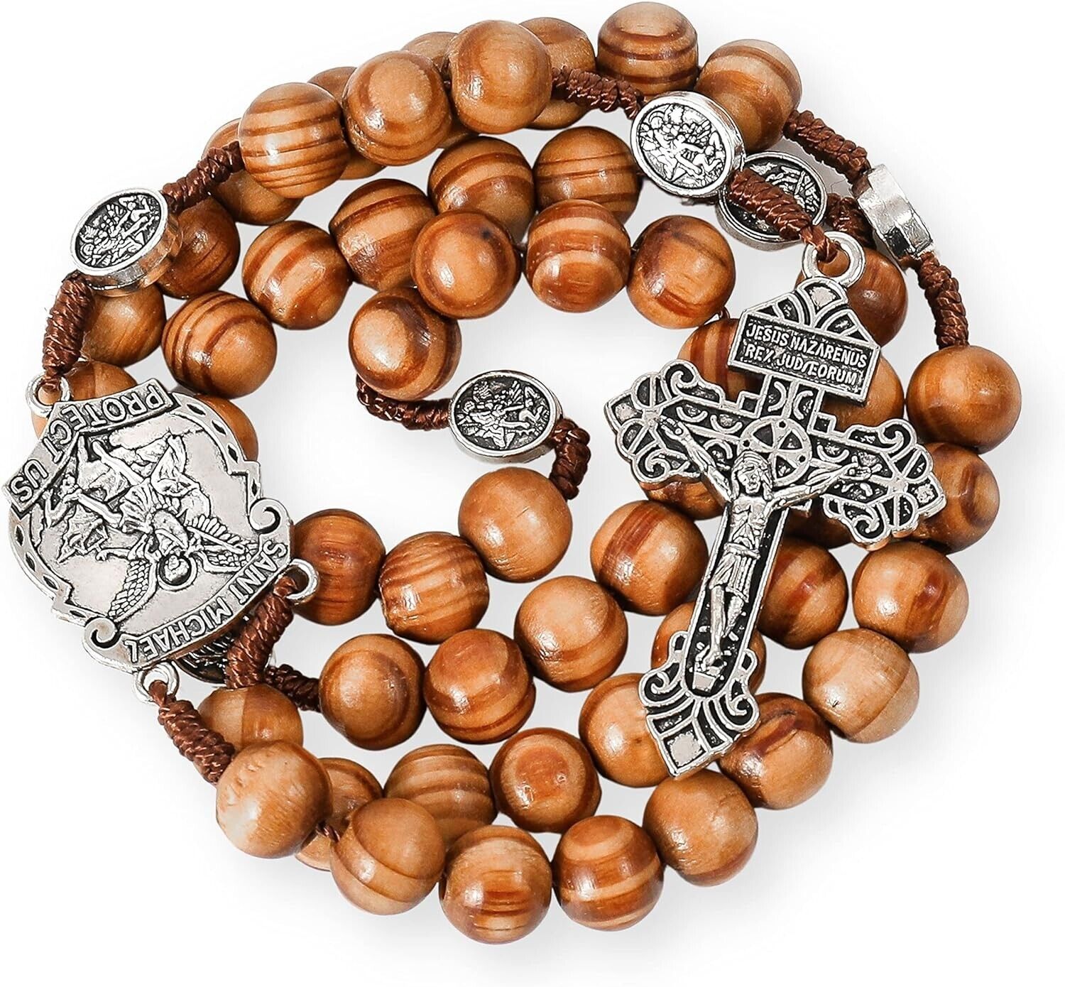 St. Michael Wood Beads Rosary Holy Prayer Chaplet with Cross, Medal & Crucifix
