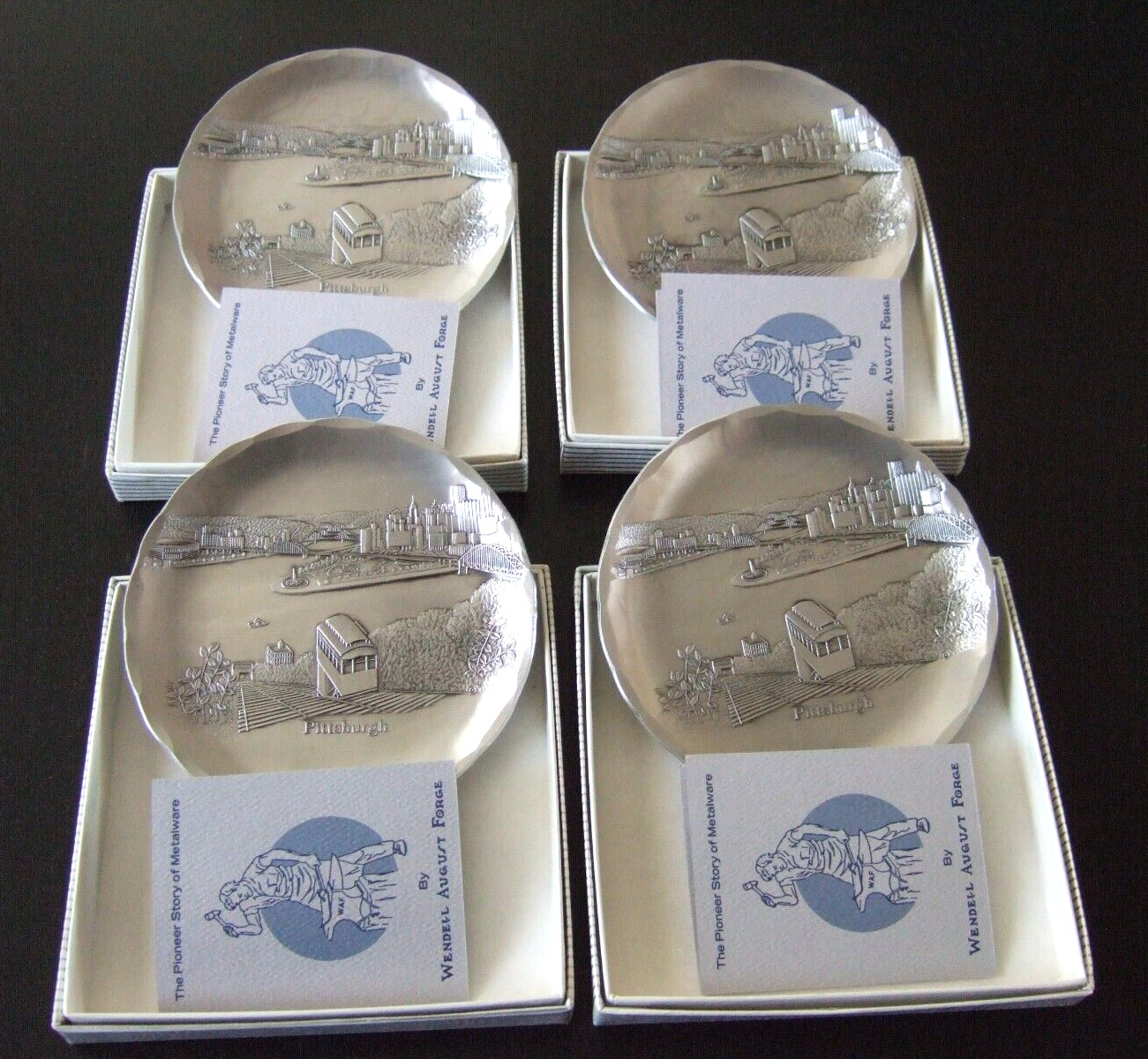 Set of 4 Wendell August Forge Pittsburgh Incline Metalware HandmadeTrays Coaster