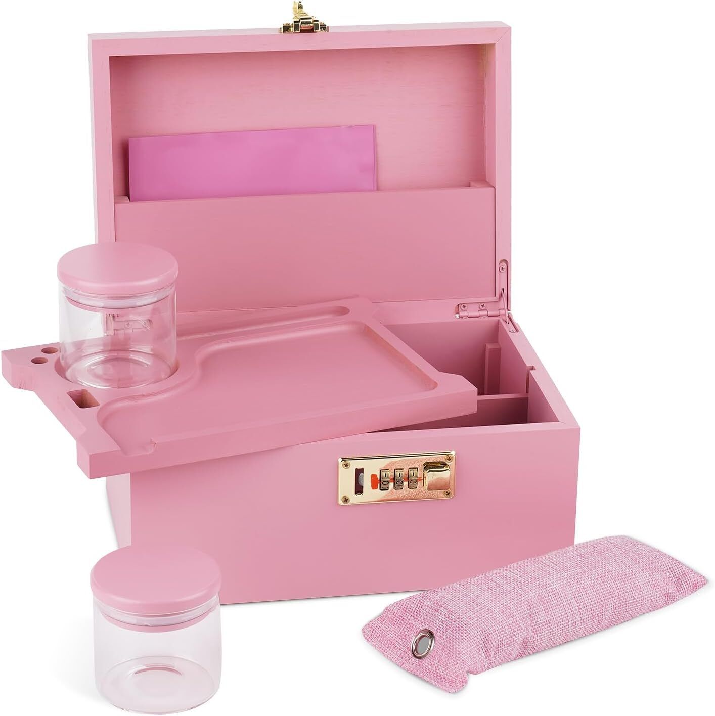 Large Bamboo Box with Combination Lock Bamboo Box With Glass Jar (Pink)