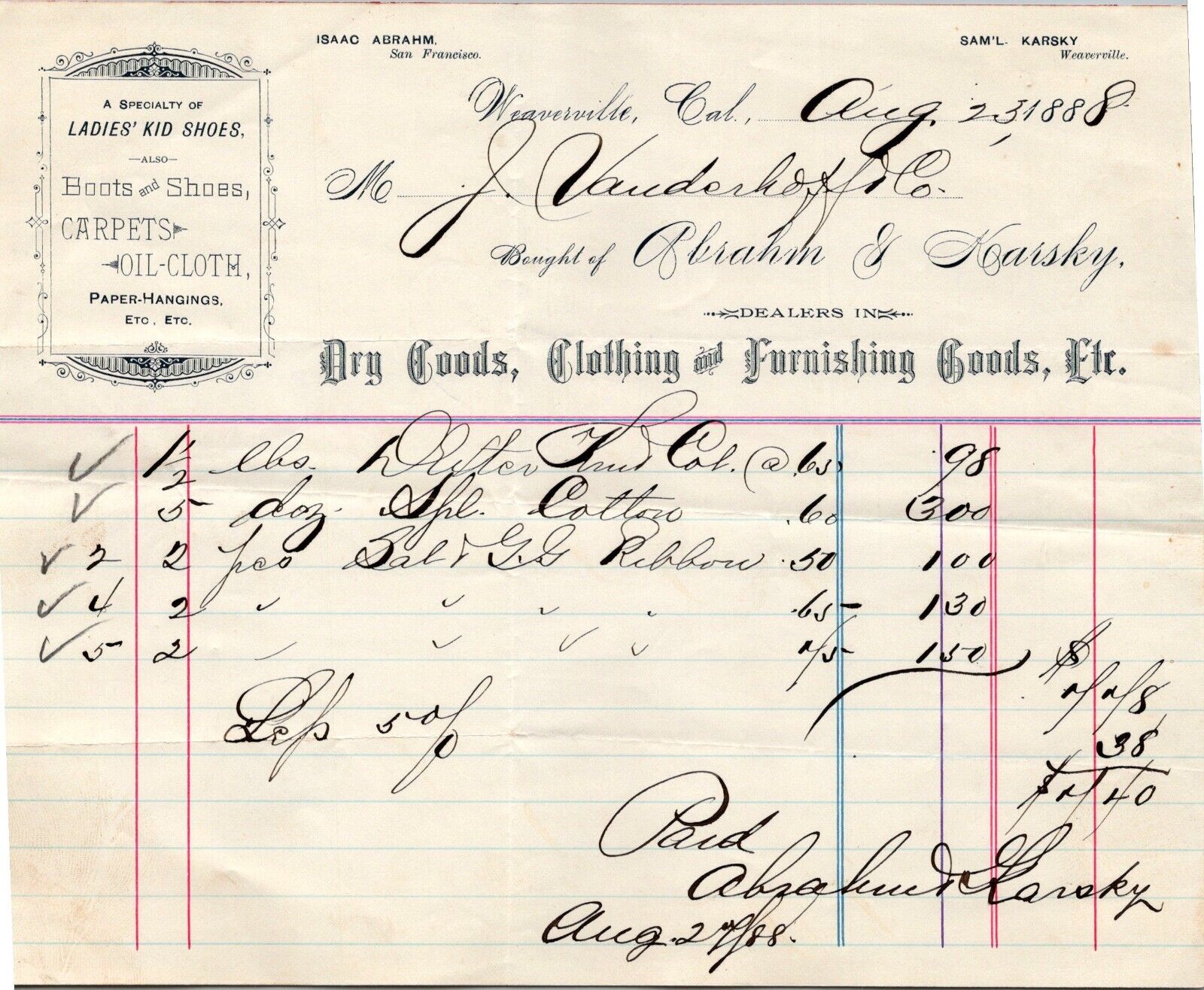 1888 Abraham & Karsky Dry Goods Clothing Furnishing Goods Boots WEAVERSVILLE CA