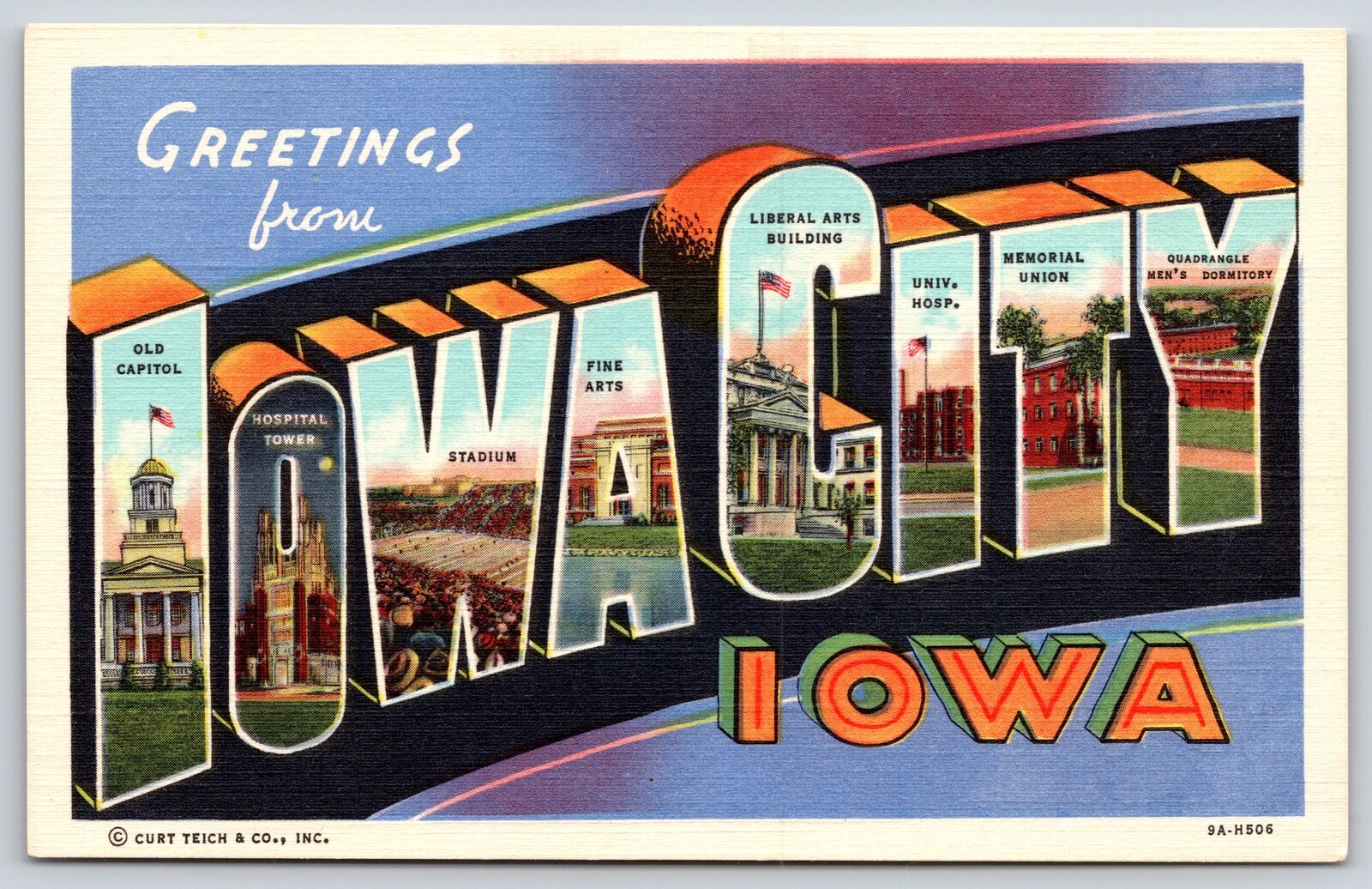 Iowa City~Labeled Views~Large Letter Linen~Vintage Postcard
