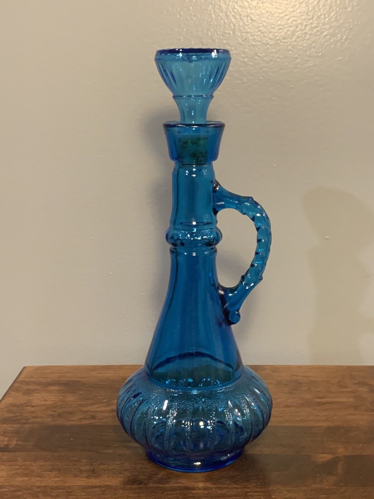 Vintage 1973 Jim Beam Glass Genie Bottle Whiskey Decanter Blue w/Stopper 13”
