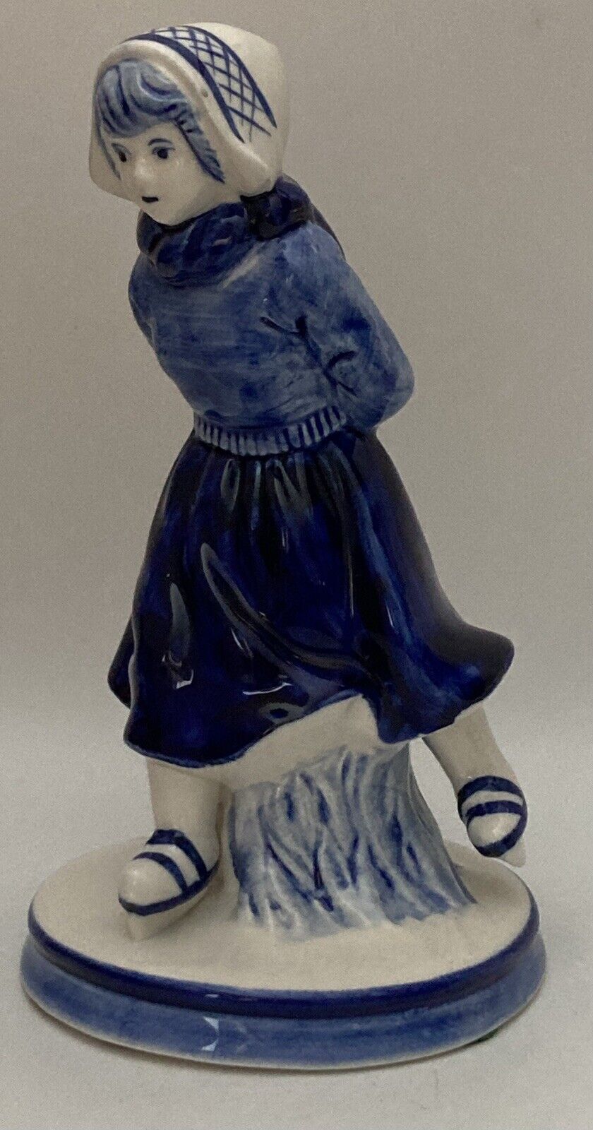Vintage Delft Blue Dutch Cute Ice Skater Girl Porcelain Figurine 6” Tall