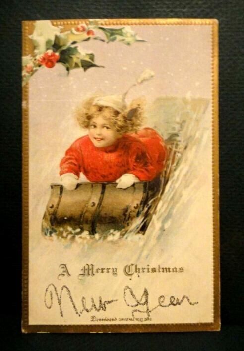 c 1908 antique DENNISON\'S CHRISTMAS POSTCARD ~ GIRL SLED SNOW new year glitter
