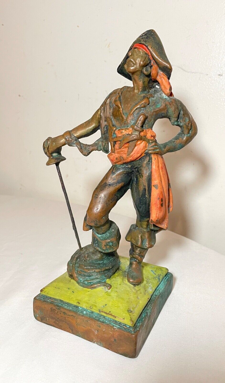 tall antique detailed polychromed bronze clad figural Paul Herzel pirate statue