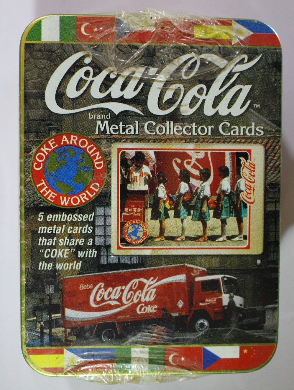 1996 Coca Cola Coke Around The World 5 Metal Cards Brand NEW Factory Sealed Tin