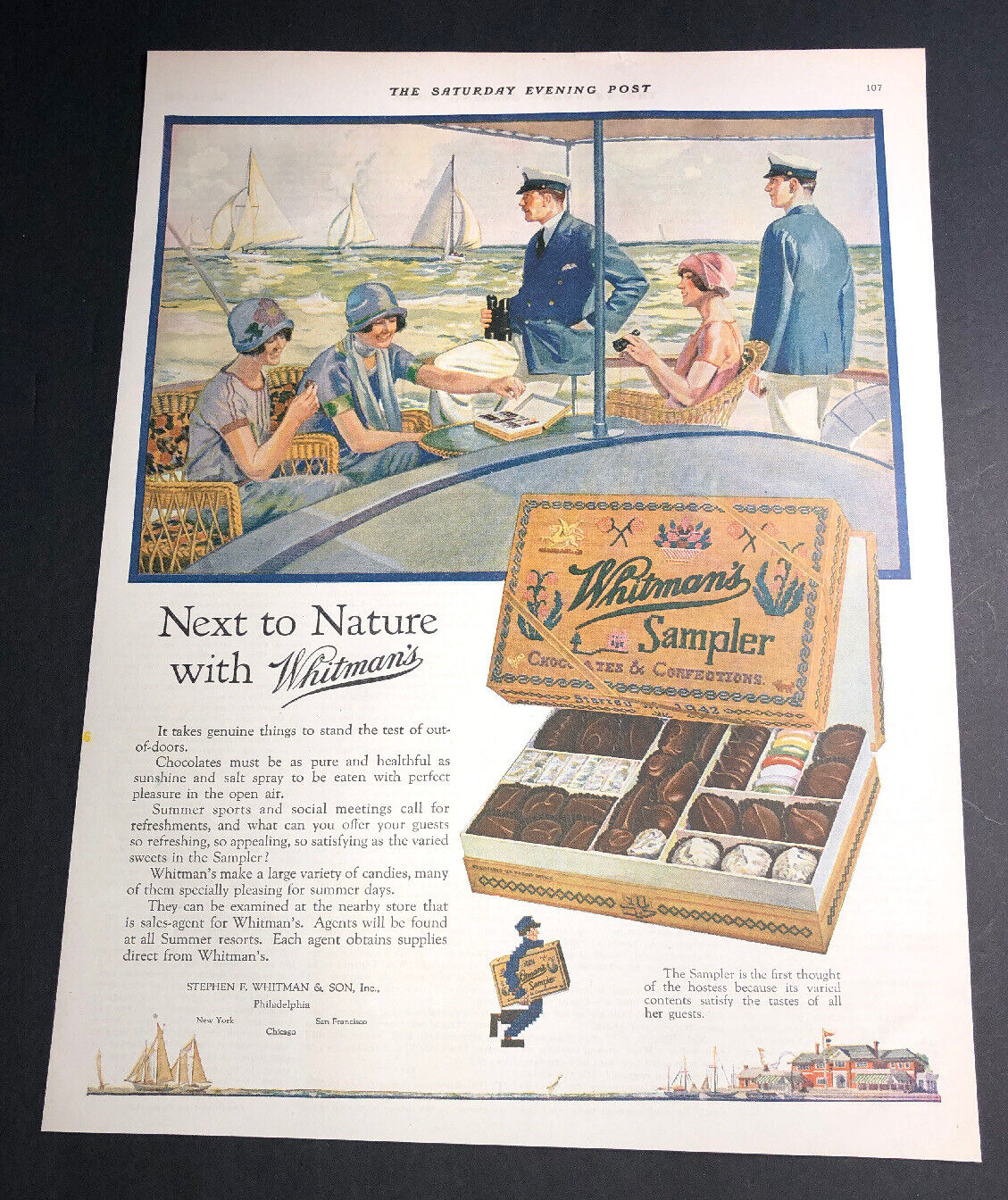 Whitman Chocolates Candy Box Ad Sign Original 1925 Flapper Girls Sail Boats