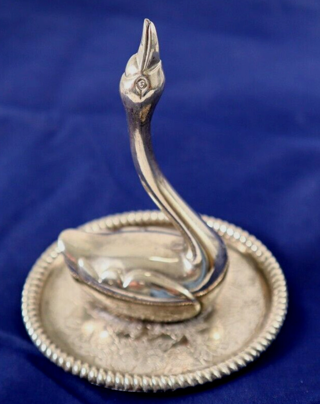 Vintage Silver Plated Swan Bird Ring Jewelry Holder Trinket Dish 4” Mid Century