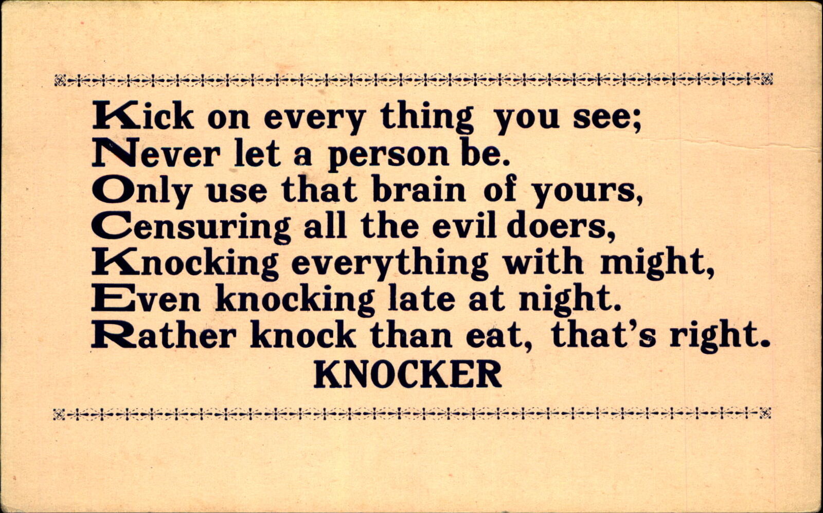 Acrostic poem KNOCKER ~ published in Carpenter Magazine 1917