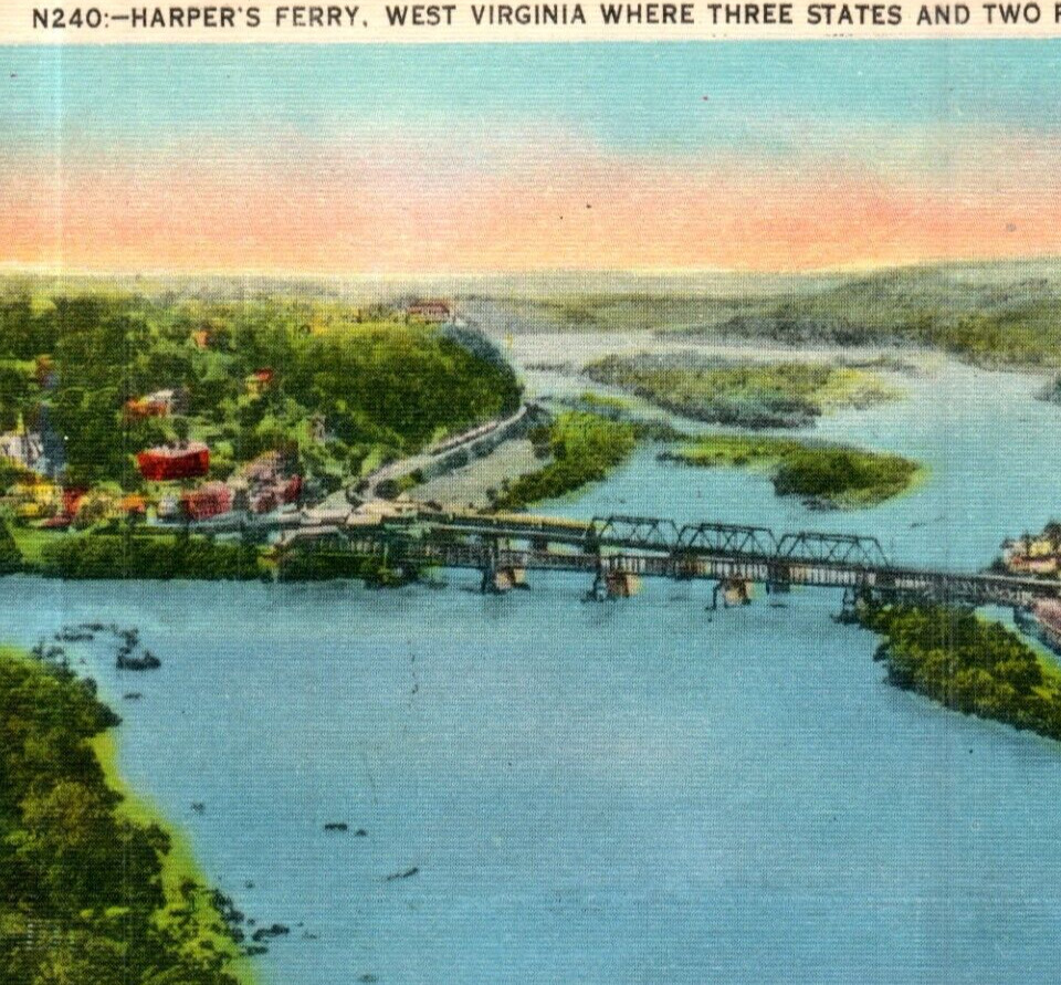 Vintage c.1939 Postcard Harper\'s Ferry West Virginia Aerial View Bridge-Bri-52