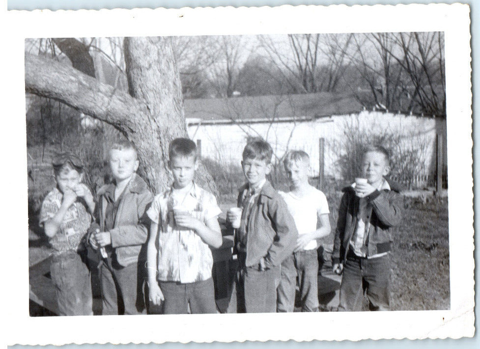Vintage Photo 1940s, Boy Scout Troop, back yard eating a snack, B 5x3.5