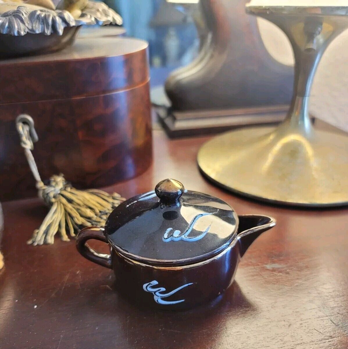Tea Pot Lusterware VTG Very Small Brown Floral Golden Trim Handpainted Pre-owned