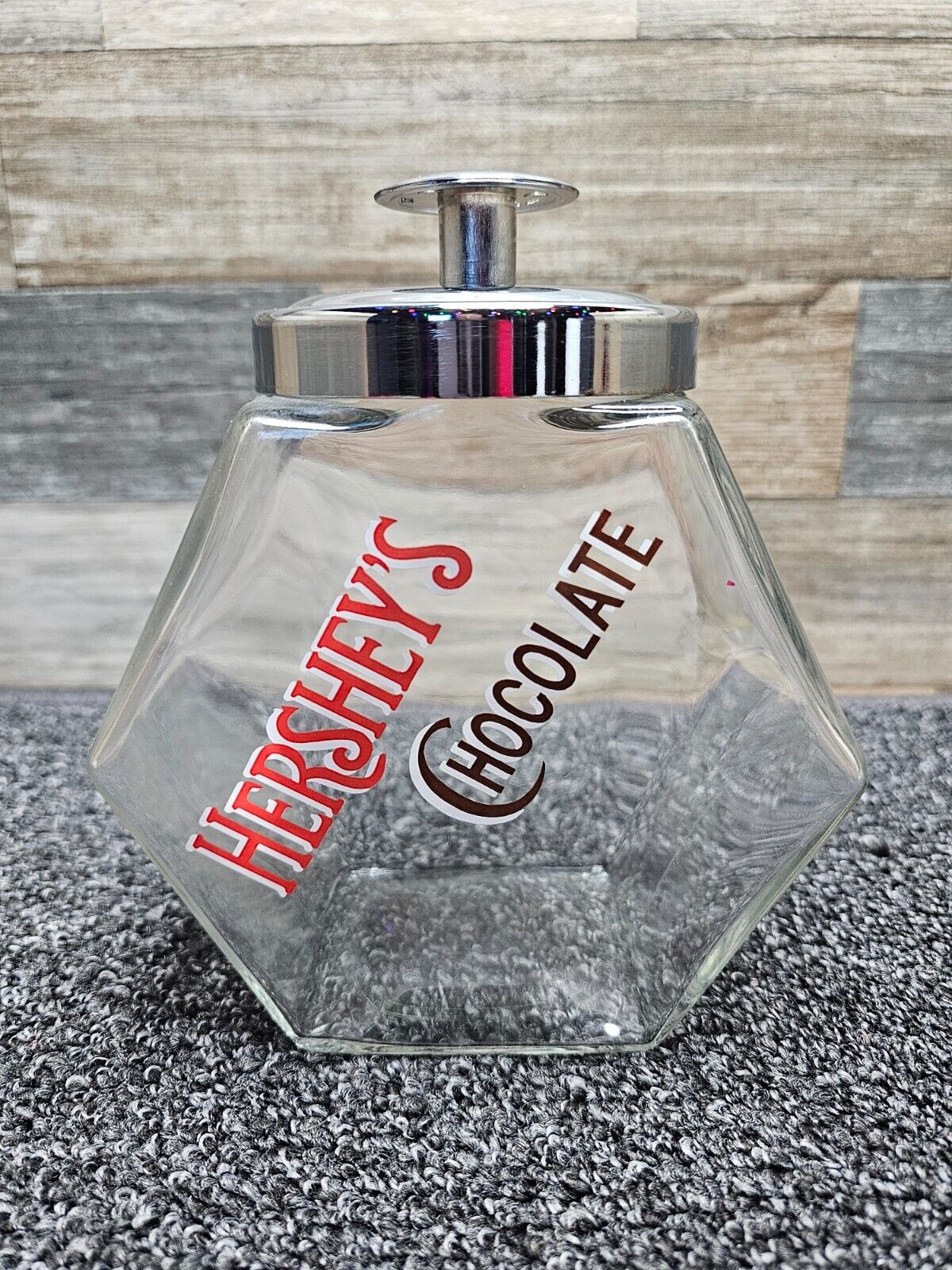 Hershey\'s Chocolate Glass Canister Jar w/ Chrome Lid  - Vintage