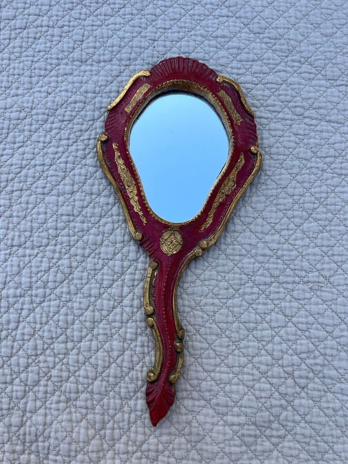 Vintage Italian Florentine Gilded Hand Mirror, Hand Painted Wood, Red and Gold