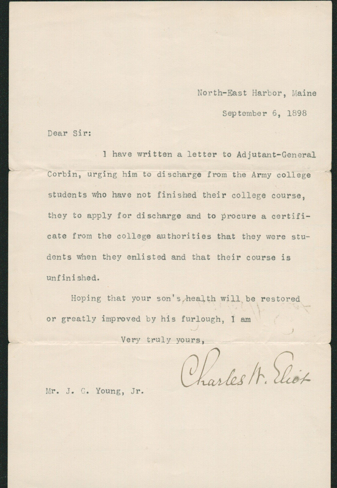 Charles William Eliot SIGNED AUTOGRAPH Letter Harvard President 1898