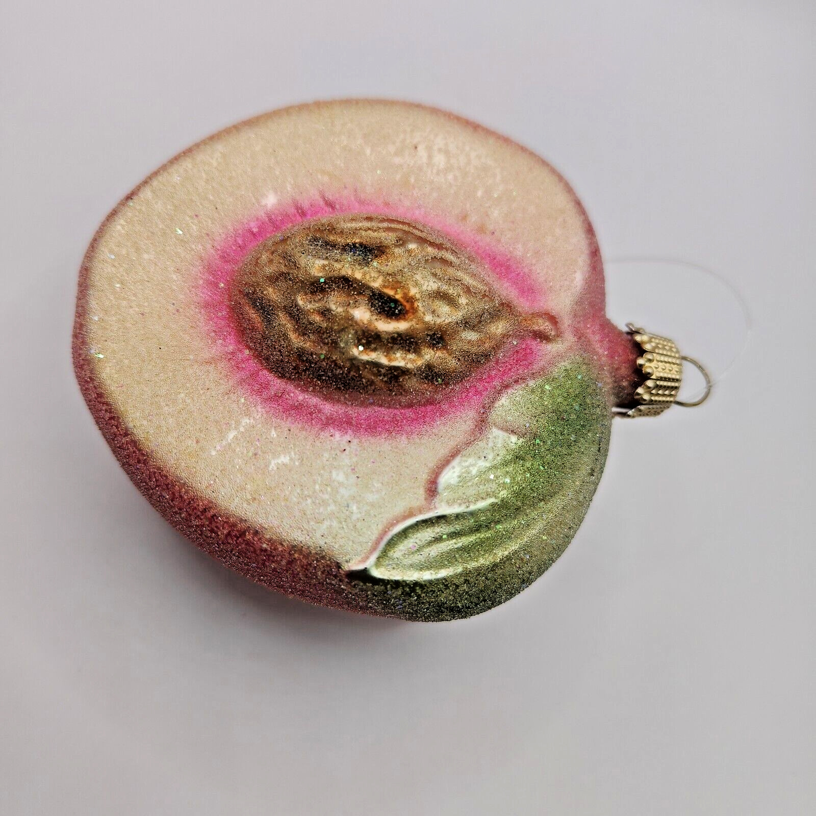 Vintage Krebs Glas Lauscha Sugared Half Peach Pit Blown Glass Ornament Germany