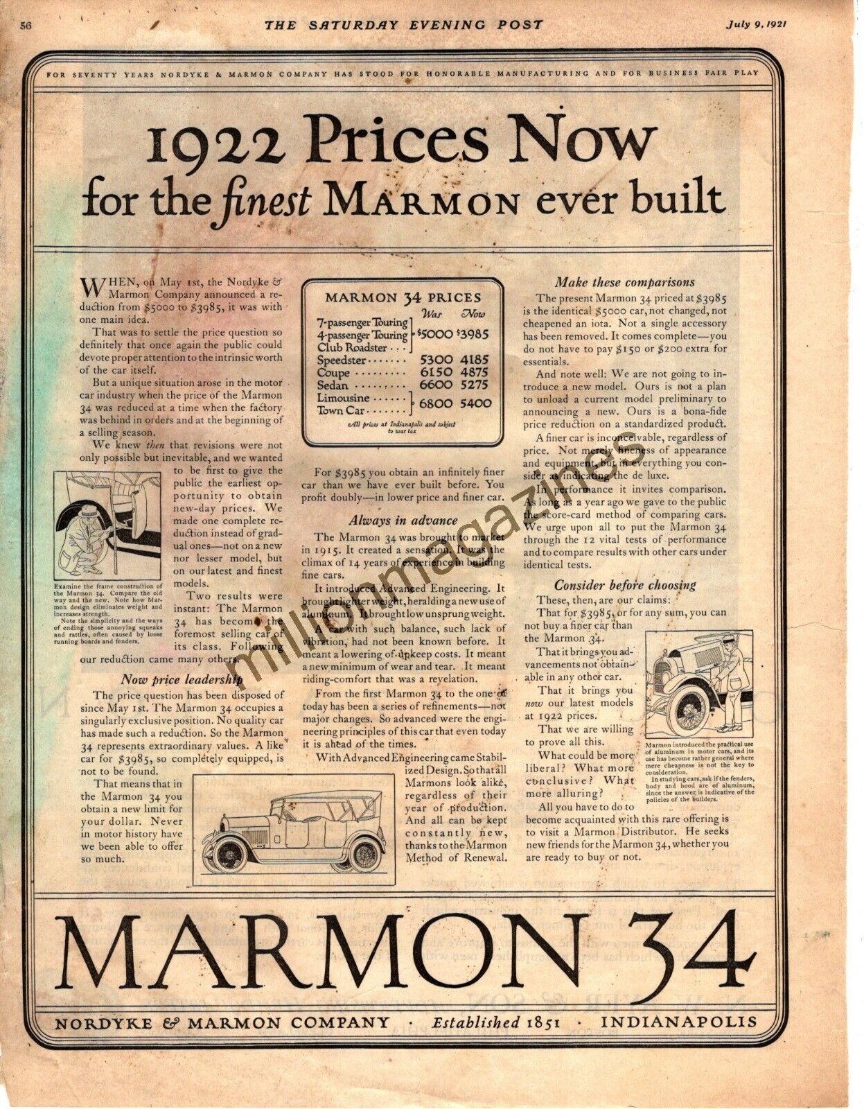 1921 Marmon 34 Touring original ad -  Indianapolis 1922 prices now - Very Rare