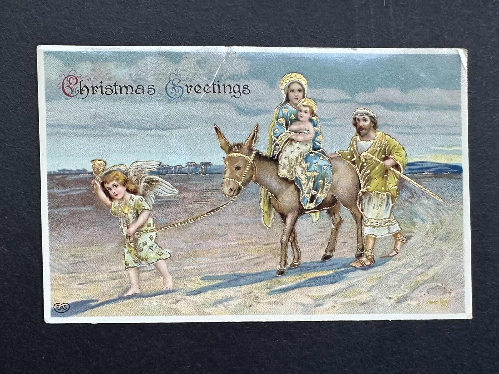 Christmas Greeting Mary Baby Jesus Joseph Donkey Angel Gold Donkey Postcard C39