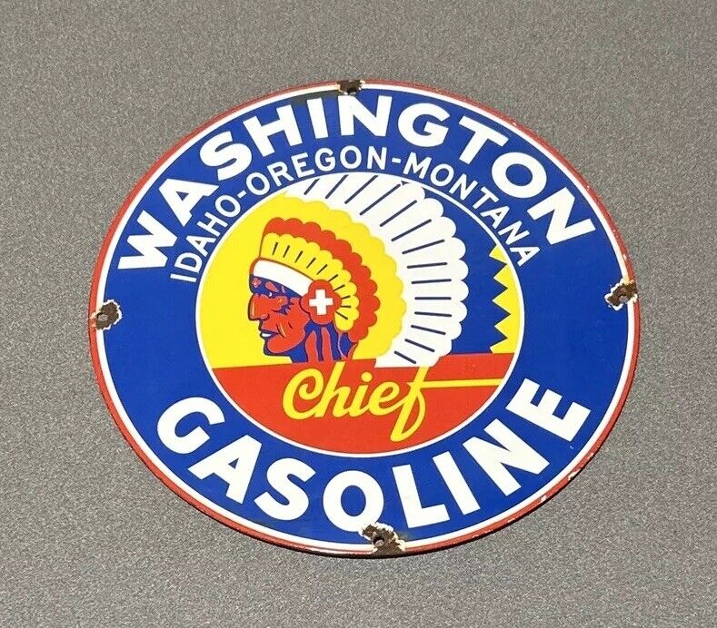 VINTAGE 12” WASHINGTON CHIEF PORCELAIN SIGN CAR GAS OIL GASOLINE