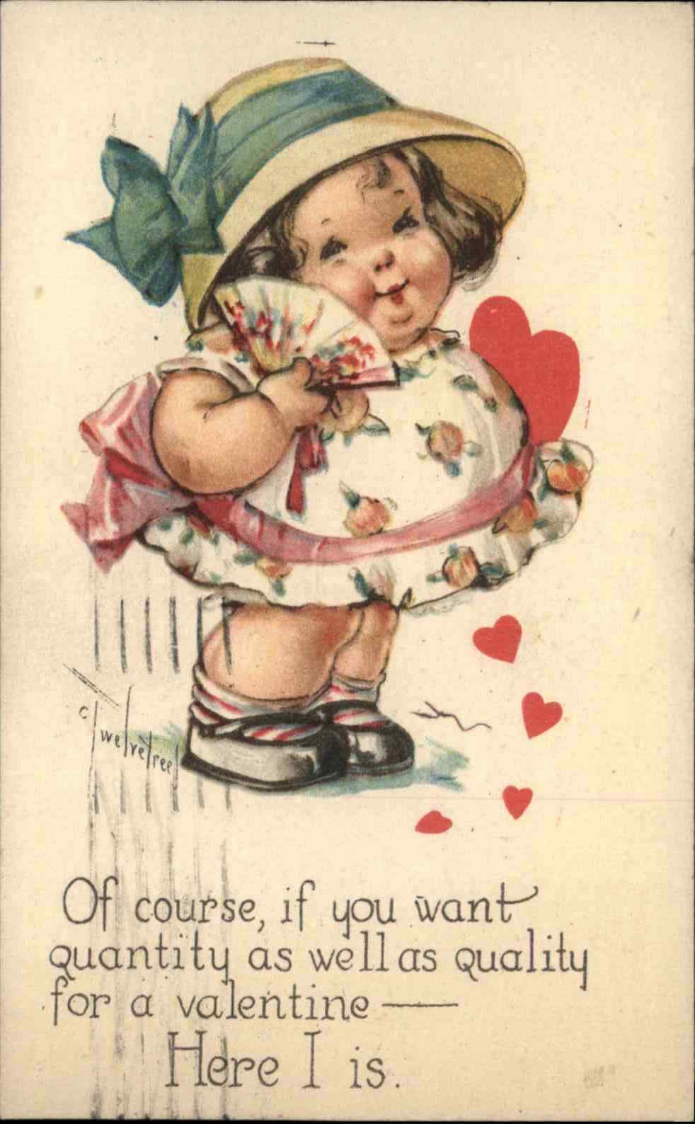 Valentine\'s Day Children Girl Fan Hat Hearts c1900s-10s Postcard