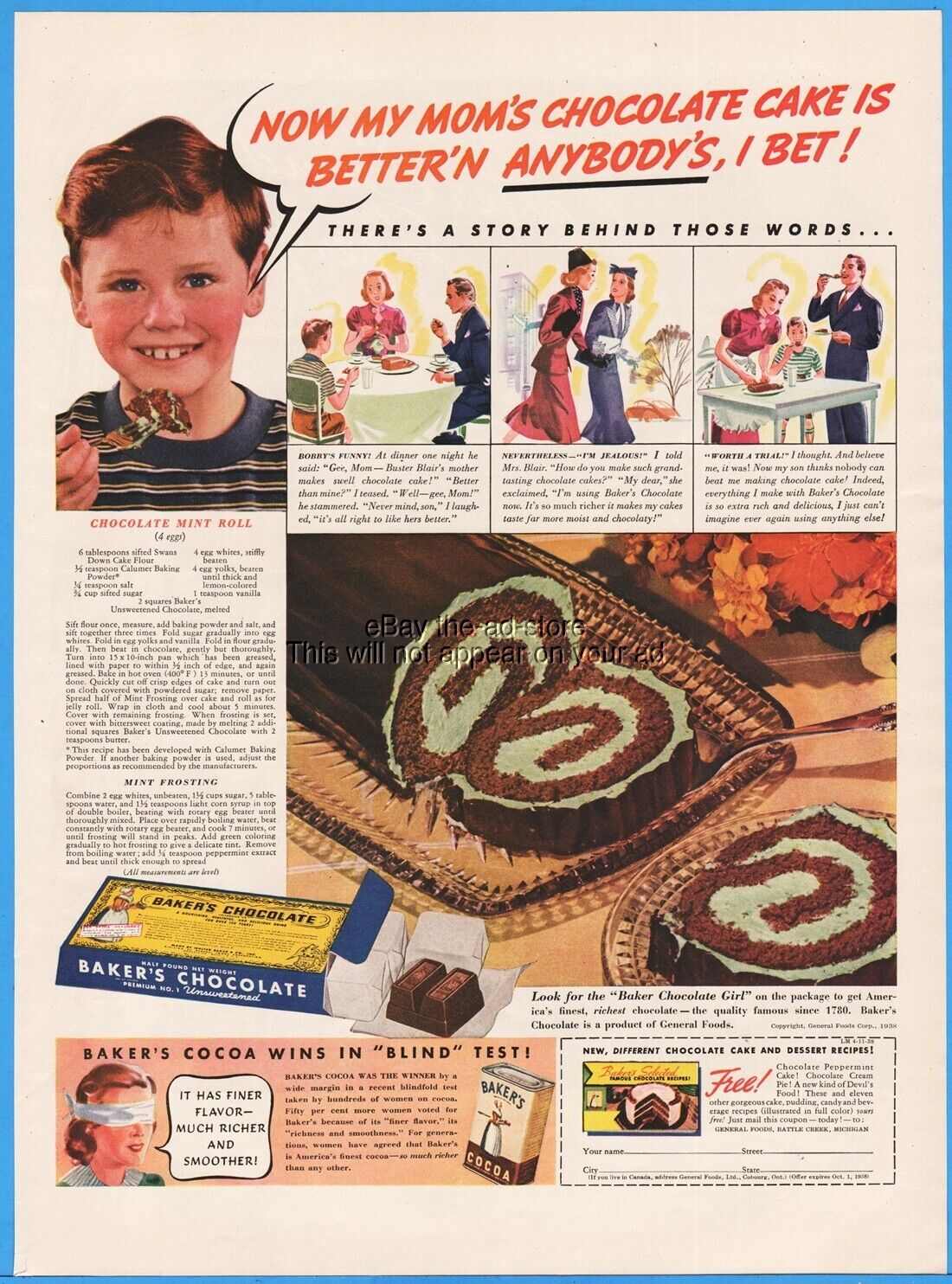 1938 Baker's Chocolate Mint Roll Recipe General Foods Battle Creek MI Kitchen Ad