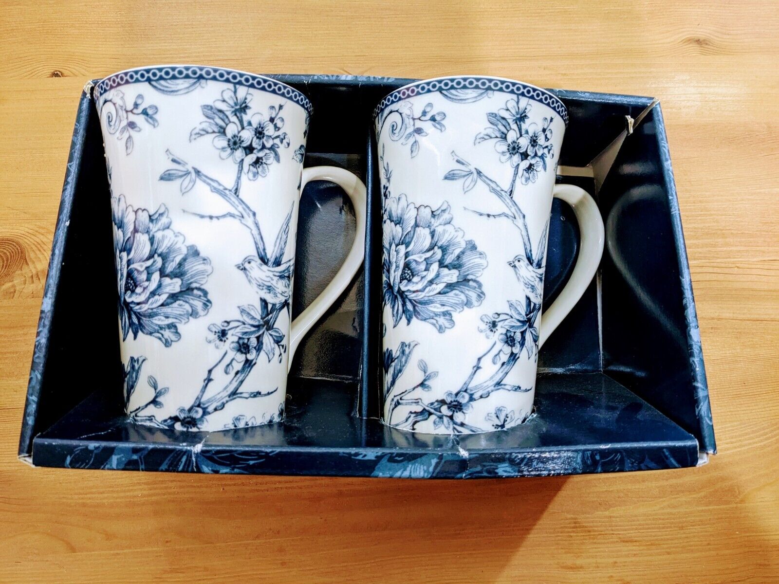 Set of 2 222 Fifth Adelaide Blue and White Bird Floral Tall Latte Coffee Cups 