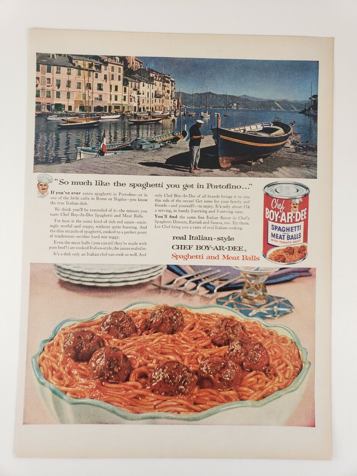 Chef Boy-Ar-Dee Spaghetti & Meatballs PRINT AD 1956 Portofino Décor Kitchen Art