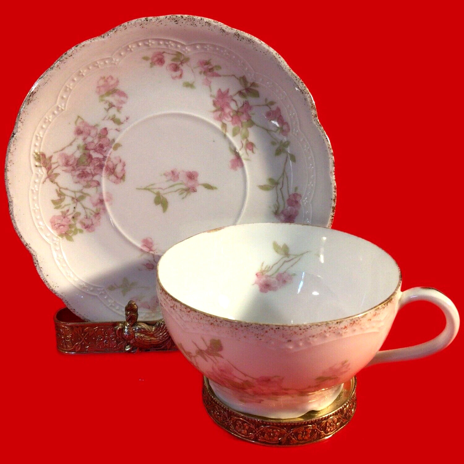 ROSENTHAL CUP AND SAUCER ANTIQUE PINK FLORAL MIRAMARE BAVARIA