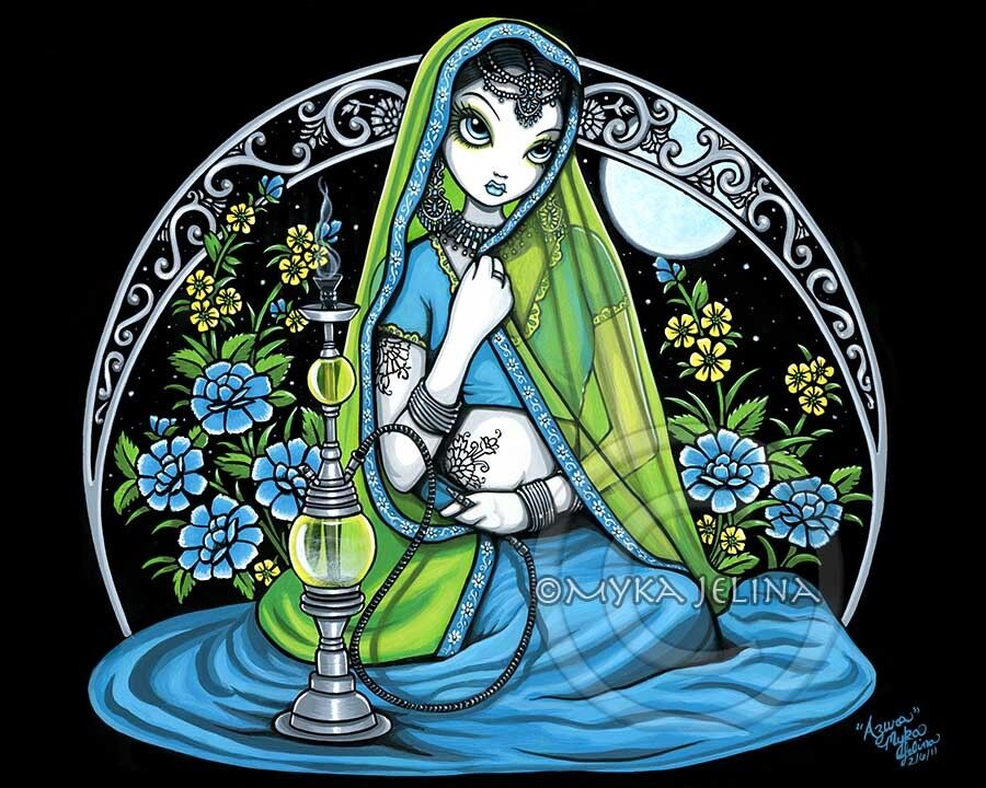 Fairy Art Hindi Henna Flower Sari Azura Blue Green Signed Myka Jelina Print