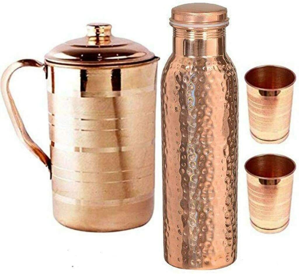 Combo pack Pure Copper Jug with Copper Hammered bottle and 4 Copper Glasses set 