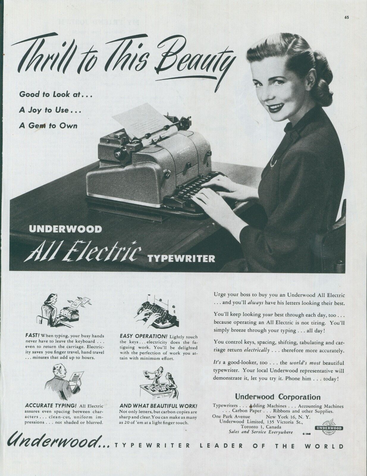 1948 Underwood Electric Typewriter Thrill To This Beauty Vintage Print Ad C11