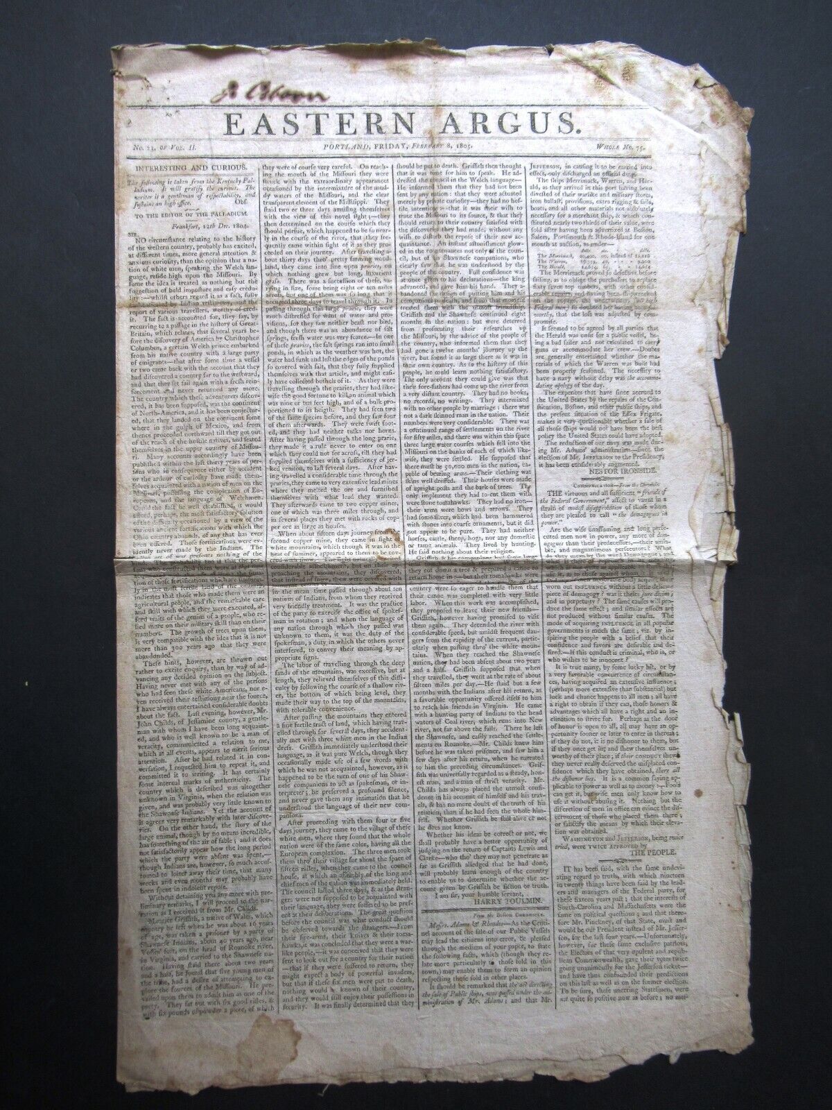 Feb 8 1805 Portland Maine -  Eastern Argus Newspaper - Original 