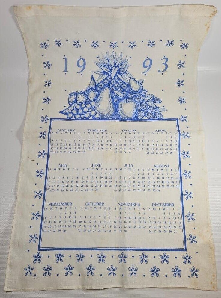 VTG 1993 Cloth Kitchen Calendar Tea Towel Farmhouse Blue White Fruit Cotton