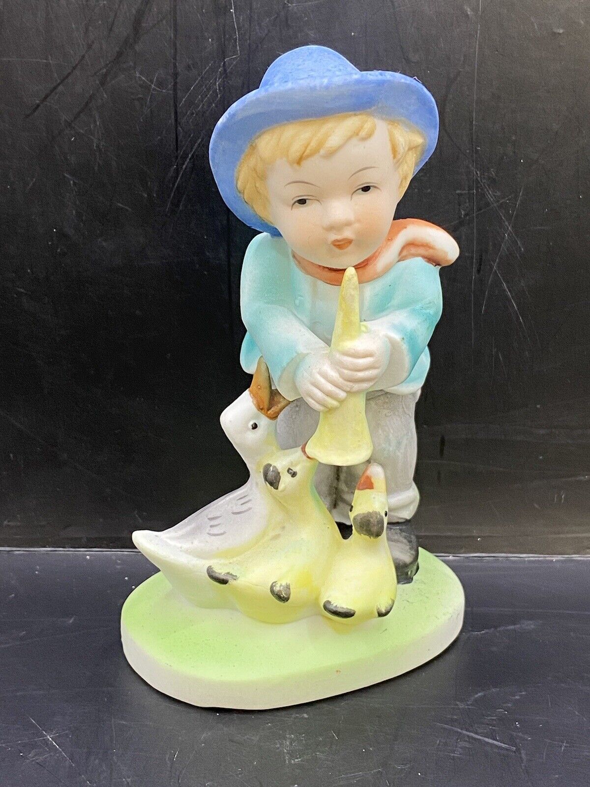 Vintage Norleans Figurine Boy Holding Horn And 3 Ducks