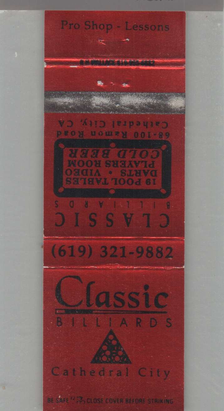 Matchbook Cover - Billiards Classic Billiards Cathedral City , CA