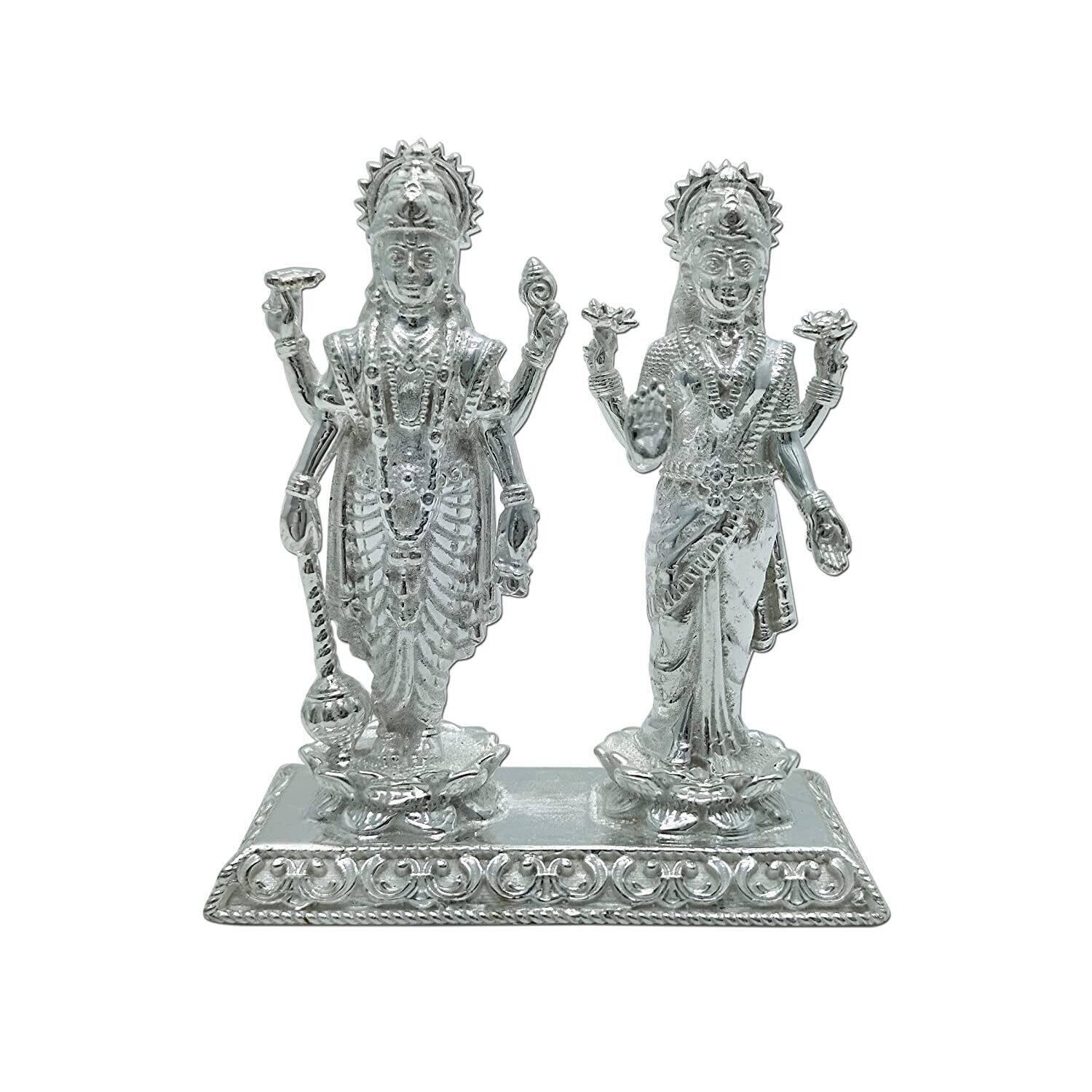 Indian Traditional Silver Vishnu Narayan & Laxmi Standing Lotus For Puja 240gm