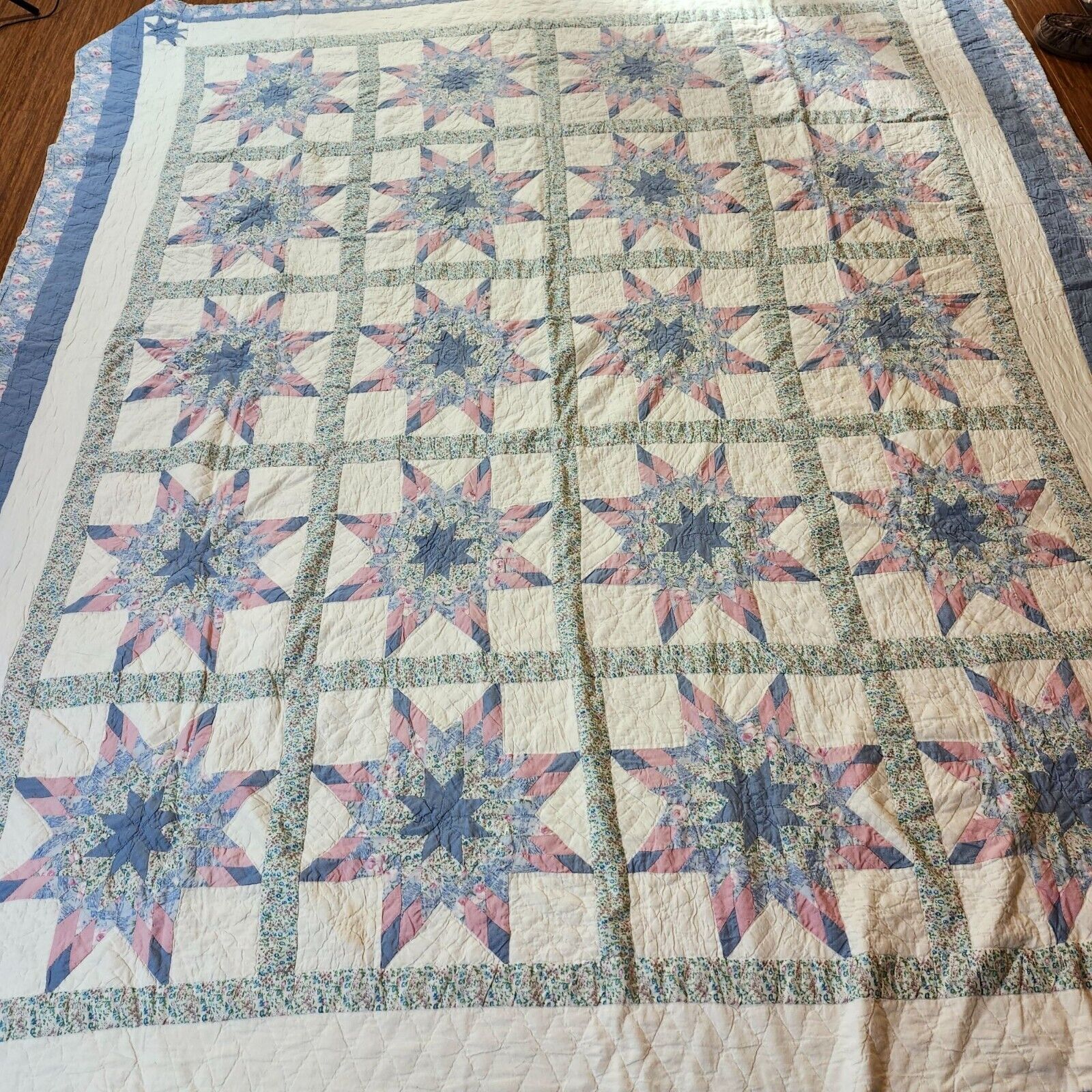 Handmade Quilt 8 point Star Pattern Vintage 95x80 Floral Blue and Pink Item #QST