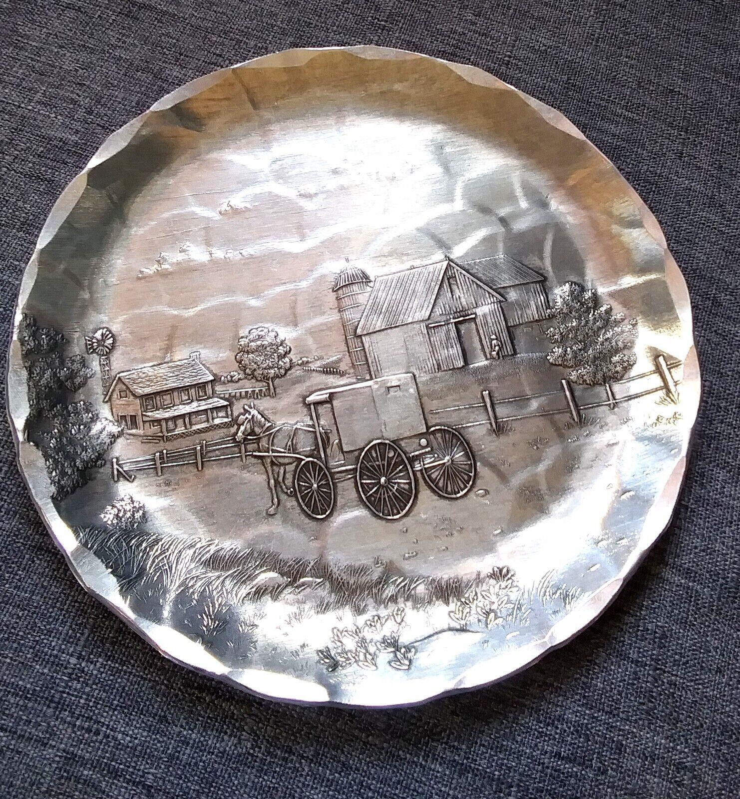 Vintage Wendell August Forge USA Farm Scene Hammered Coaster Tray Dish