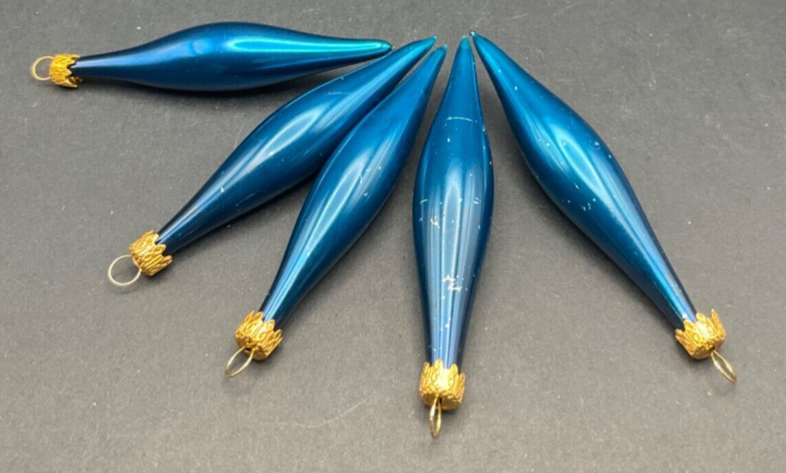 Lot of 5  Vintage Glass Blue Teardrop Icicle Christmas Ornaments ~