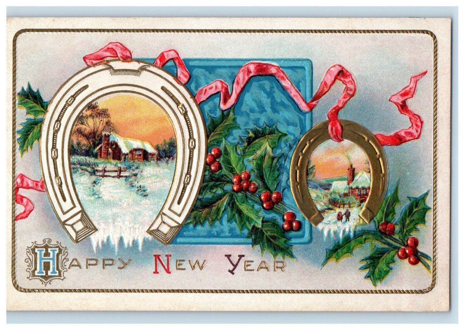 c1910\'s New Year Horseshoe Winter Snow House Holly Berries Embossed Postcard