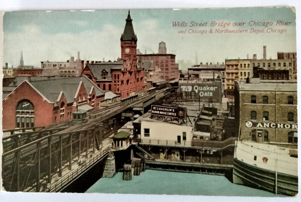 Postcard Chicago Wells Street Bridge Northwestern Station Anchor Line Unposted